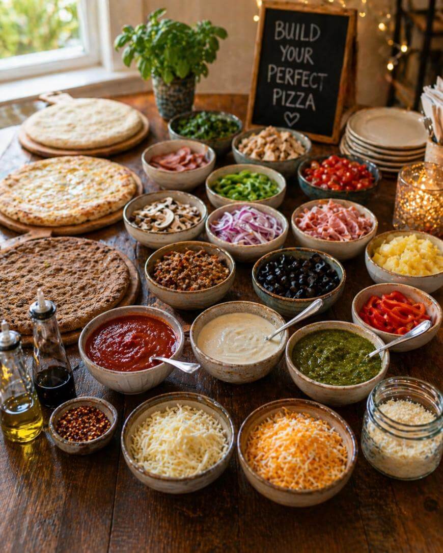 A wooden table set with pizza crusts, various bowls of sauces, cheeses, meats, and vegetable toppings, with a sign in the background that reads Build Your Perfect Pizza. Plates, olive oil, and seasonings are also visible.