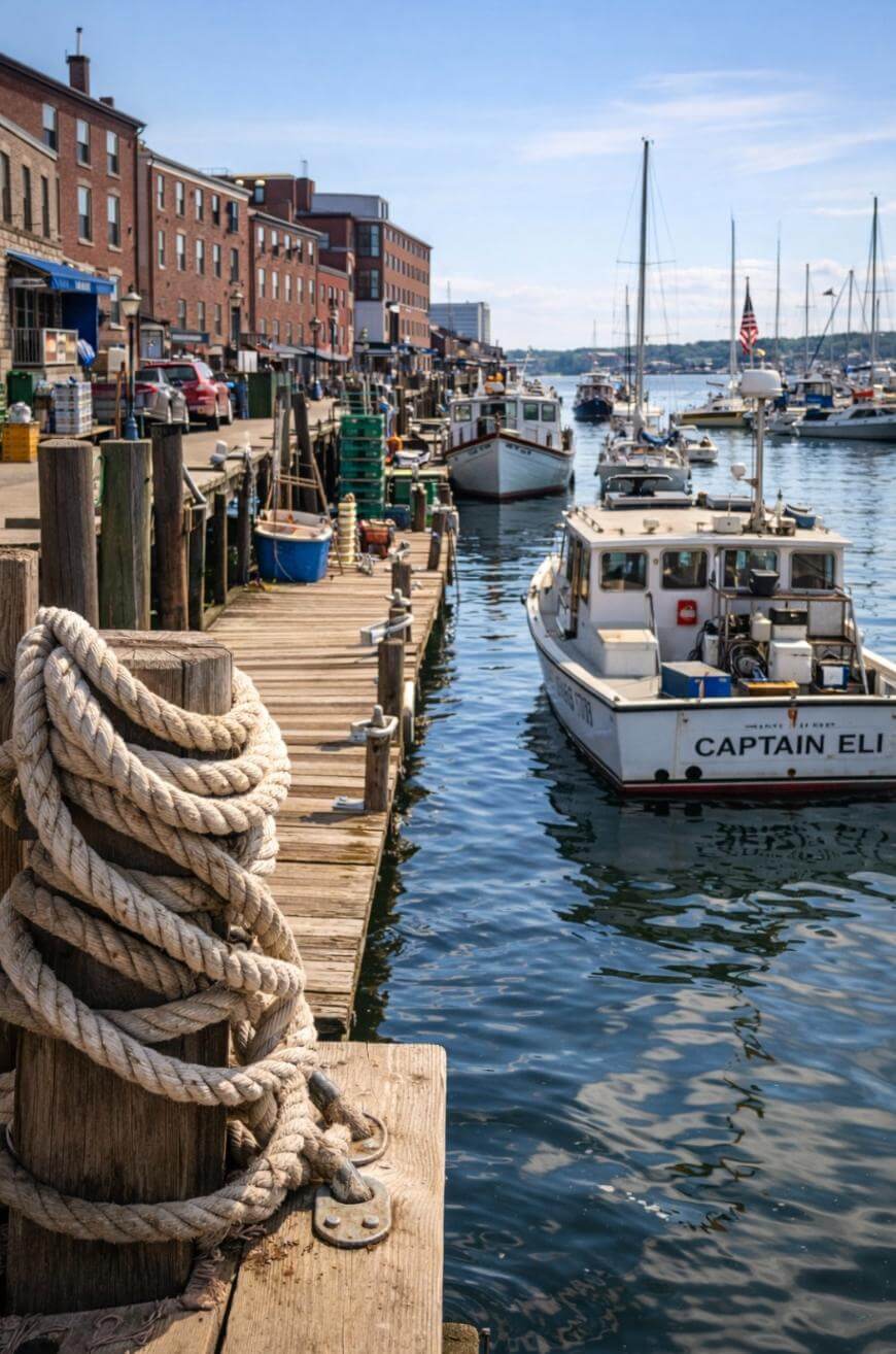 A dockside scene with coiled rope in the foreground, fishing boats and sailboats in the water, and brick buildings lining the harbor under a blue sky. A boat named “Captain Eli” is docked nearby.