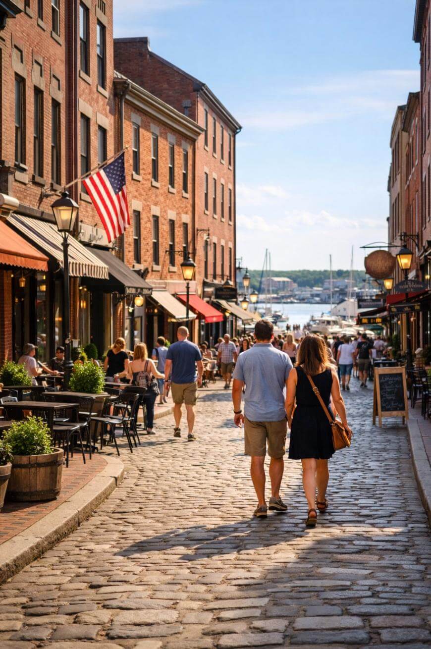 A couple walks down a cobblestone street lined with brick buildings, shops, and outdoor cafes. People stroll and sit at tables, with an American flag and a harbor with boats visible in the background on a sunny day.