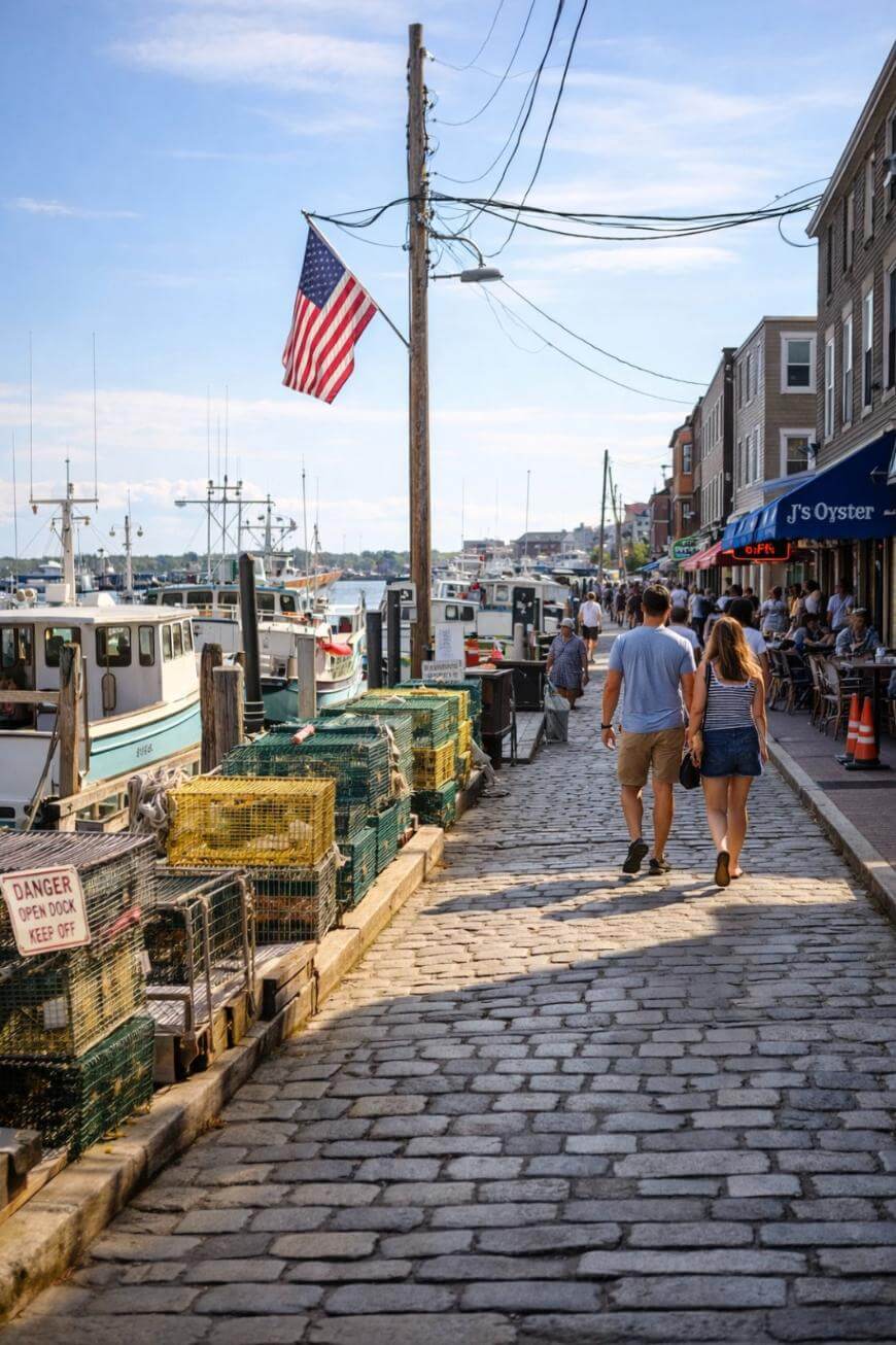 A couple walks hand-in-hand down a cobblestone waterfront street lined with lobster traps and boats. An American flag hangs above, and people sit at outdoor cafes on a sunny day.