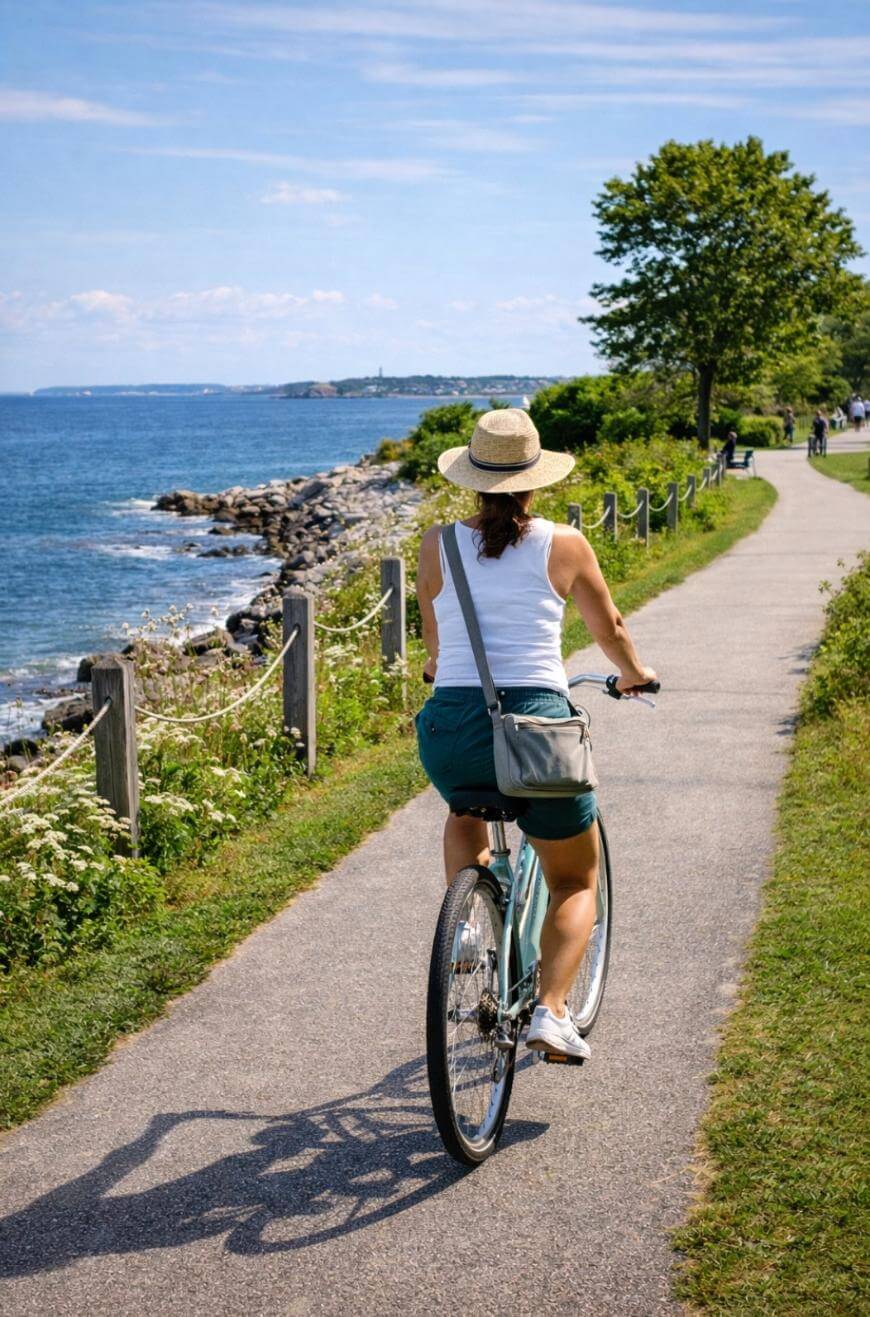 A woman wearing a hat and casual summer clothes rides a bicycle along a paved seaside path, with the ocean on one side and green grass and trees on the other, under a blue sky.