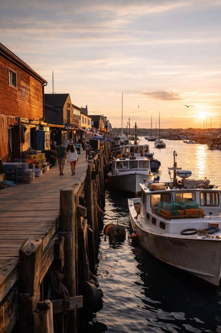 A wooden dock lined with fishing boats and seaside buildings at sunset; two people walk along the dock as golden light reflects off the water and a seagull flies above the harbor.