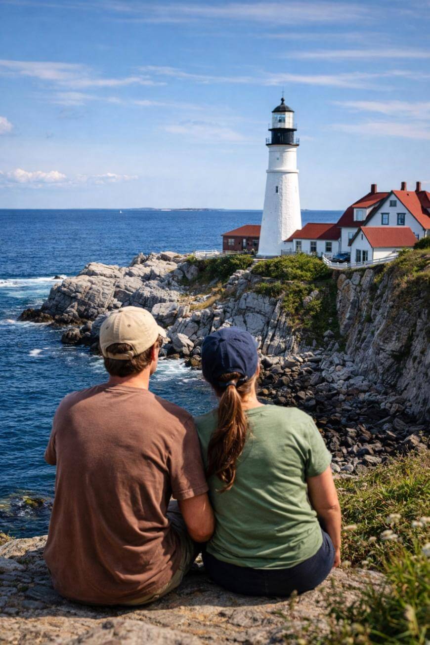 A couple sits on a rocky cliff overlooking the ocean, facing a white lighthouse with red-roofed buildings, under a partly cloudy sky.
