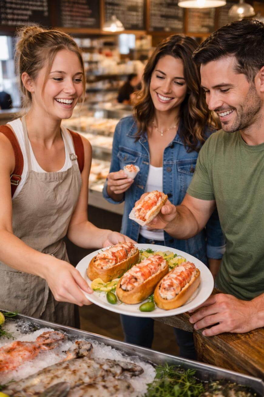 A smiling woman in an apron serves lobster rolls on a plate to two happy customers in a seafood market. The customers stand by a counter with fresh seafood on ice.