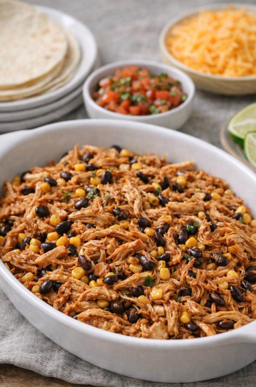 A white dish filled with shredded chicken, black beans, and corn. In the background, there are bowls of shredded cheese, salsa, lime wedges, and a stack of tortillas.