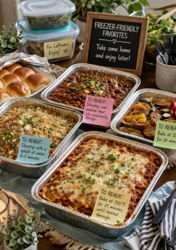 A table with various freezer-friendly dishes in foil trays, labeled with reheating instructions, including baked pasta, mixed vegetables, beef chili, and roasted vegetables. Rolls, candles, and greenery complete the cozy setup.