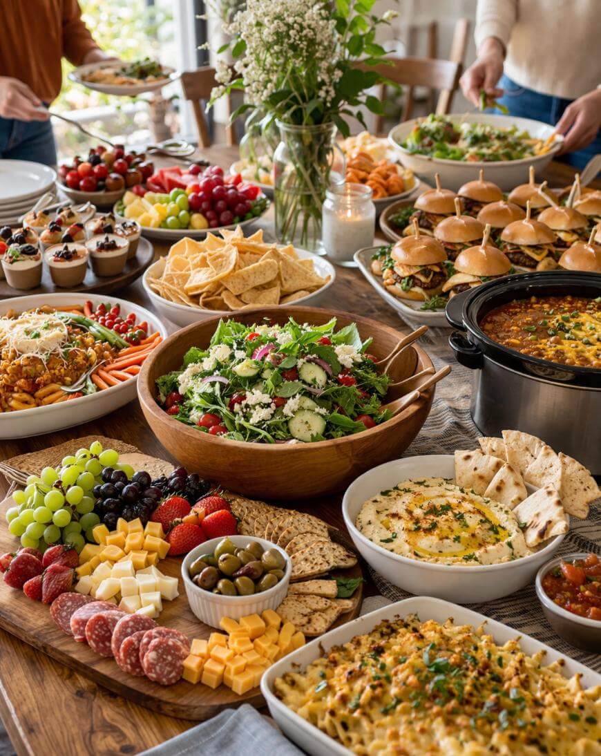 A table filled with a variety of party foods, including mini sandwiches, pasta, chips, fruit, cupcakes, salad, cheese and crackers, veggies, dips, and a slow cooker dish, with people serving themselves in the background.