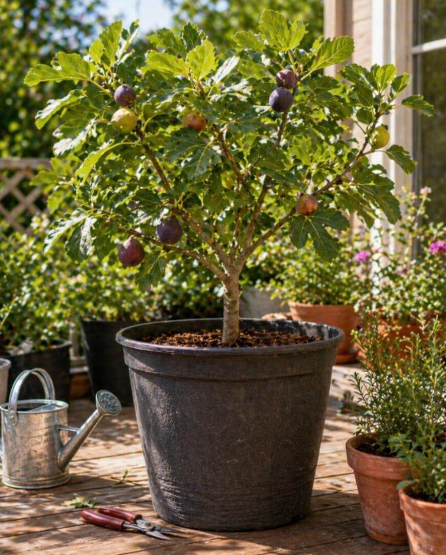 A potted fig tree with ripe purple figs sits on a wooden deck surrounded by other potted plants. Gardening tools and a metal watering can are nearby, and the area is bathed in sunlight.