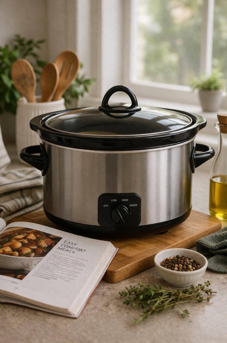 A stainless steel slow cooker sits on a kitchen counter beside an open cookbook, a bottle of olive oil, herbs, and bowls of spices. Wooden utensils and potted plants are in the background near a window.