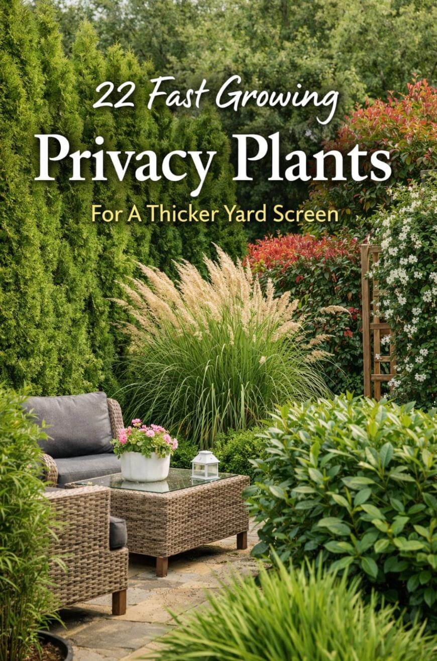 A lush garden with tall green hedges, ornamental grasses, flowering shrubs, and wicker patio furniture with cushions and a small table. Text: 22 Fast Growing Privacy Plants For A Thicker Yard Screen.