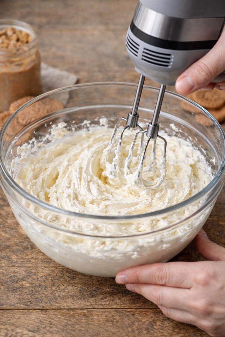 A person uses an electric hand mixer to blend a creamy mixture in a glass bowl on a wooden table. A jar and cookies are in the background.