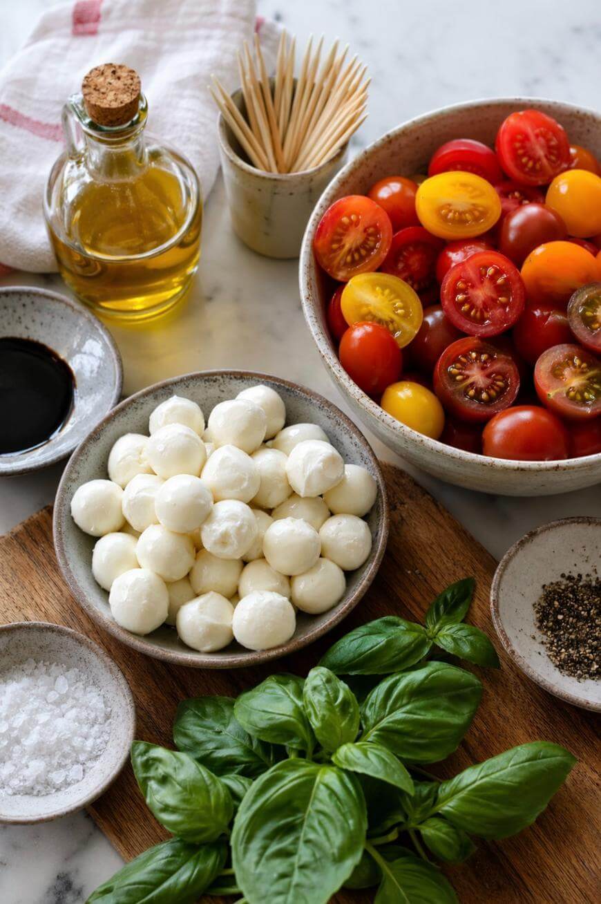 A bowl of colorful cherry tomatoes, a bowl of mozzarella balls, fresh basil leaves, dishes of salt and pepper, a bottle of olive oil, a bowl of balsamic vinegar, toothpicks, and a kitchen towel on a marble surface.