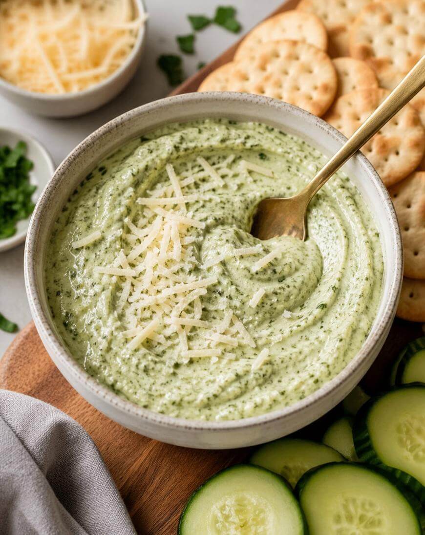 A bowl of green creamy dip topped with shredded cheese, with a spoon inside. Sliced cucumbers, round crackers, and a small bowl of shredded cheese are arranged around it on a wooden board.