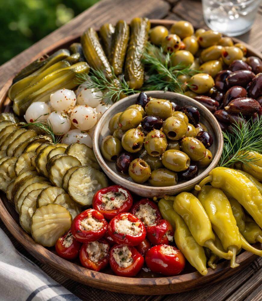 A wooden platter with assorted pickles, stuffed red peppers, green and black olives, pearl onions, sliced pickles, and yellow peppers, garnished with fresh dill, on a rustic wooden table.