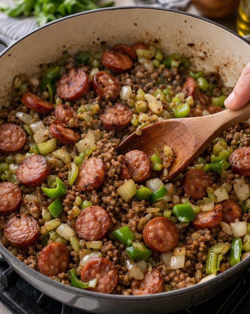 A wooden spoon stirs a skillet filled with sliced sausage, cooked lentils, diced green bell peppers, onions, and celery. The mixture is being sautéed on a stovetop.