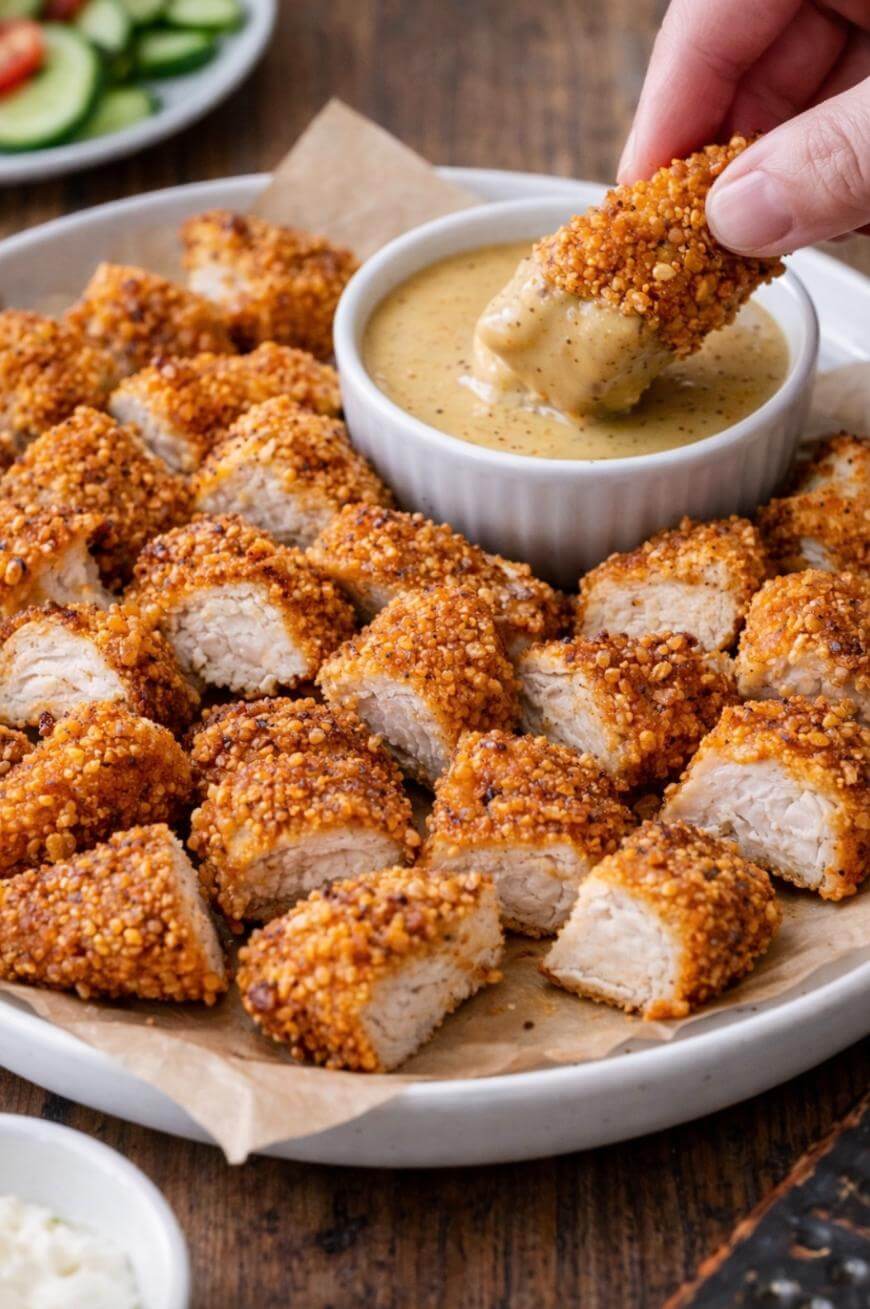 A plate of crispy, breaded chicken nuggets is served with a small bowl of dipping sauce. A hand is shown dipping one of the nuggets into the sauce. The nuggets are bite-sized and arranged on parchment paper.