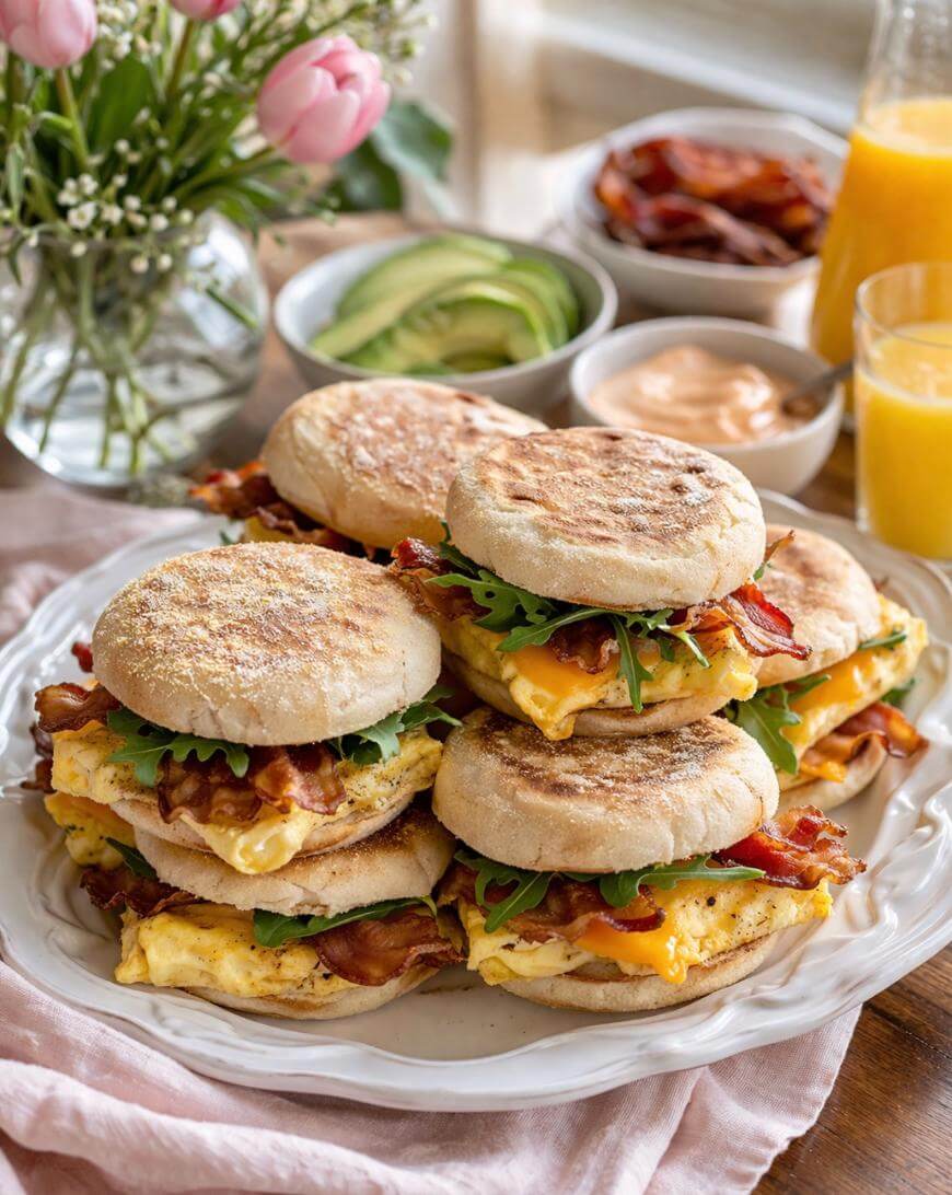 A plate stacked with breakfast sandwiches made of English muffins, scrambled eggs, bacon, cheese, and greens. In the background are bowls of avocado slices, bacon, sauce, a glass of orange juice, and a vase of flowers.