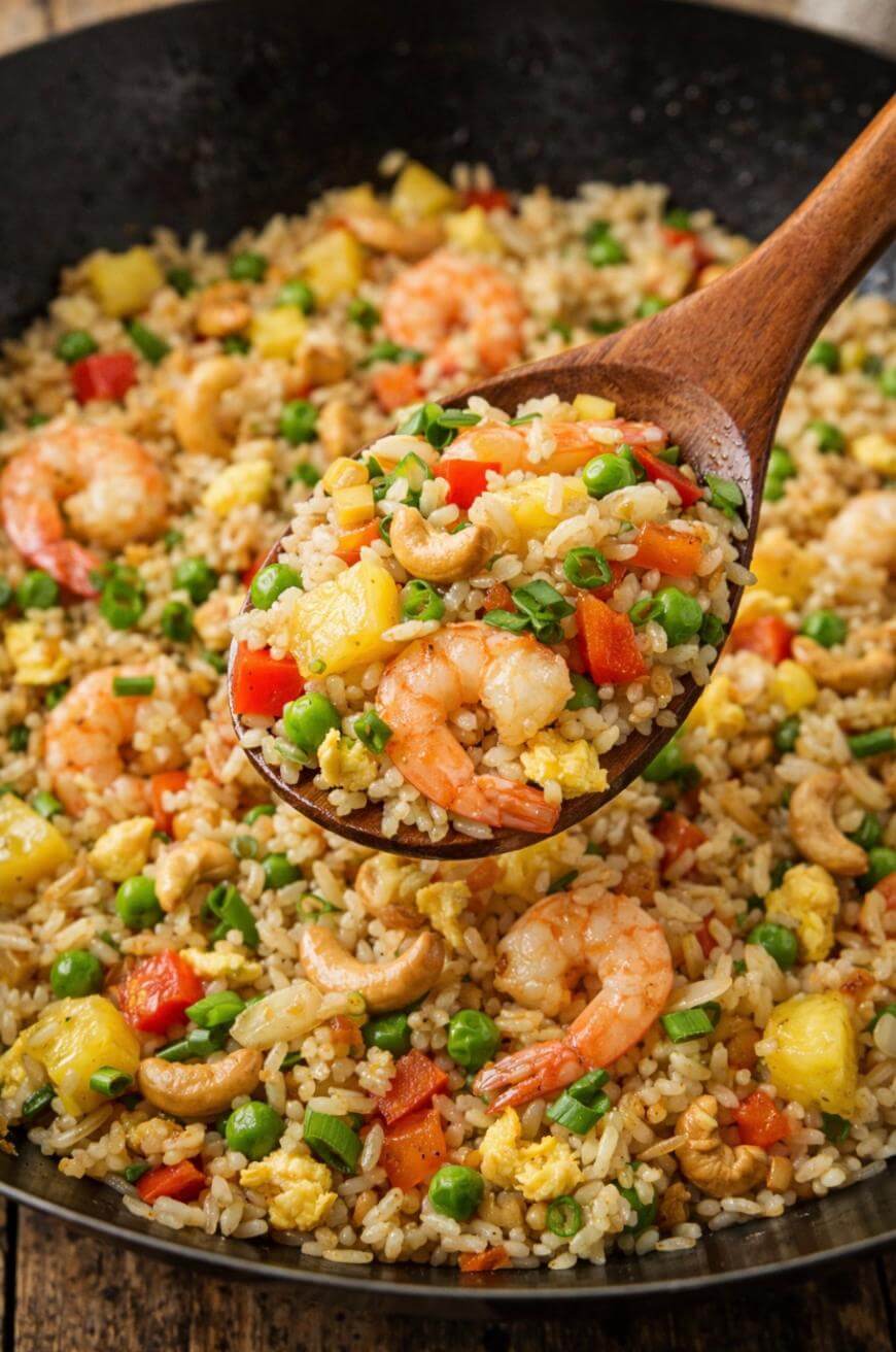 A wooden spoon lifts a serving of fried rice with shrimp, peas, red bell peppers, pineapple chunks, cashews, scrambled eggs, and chopped green onions from a large pan.