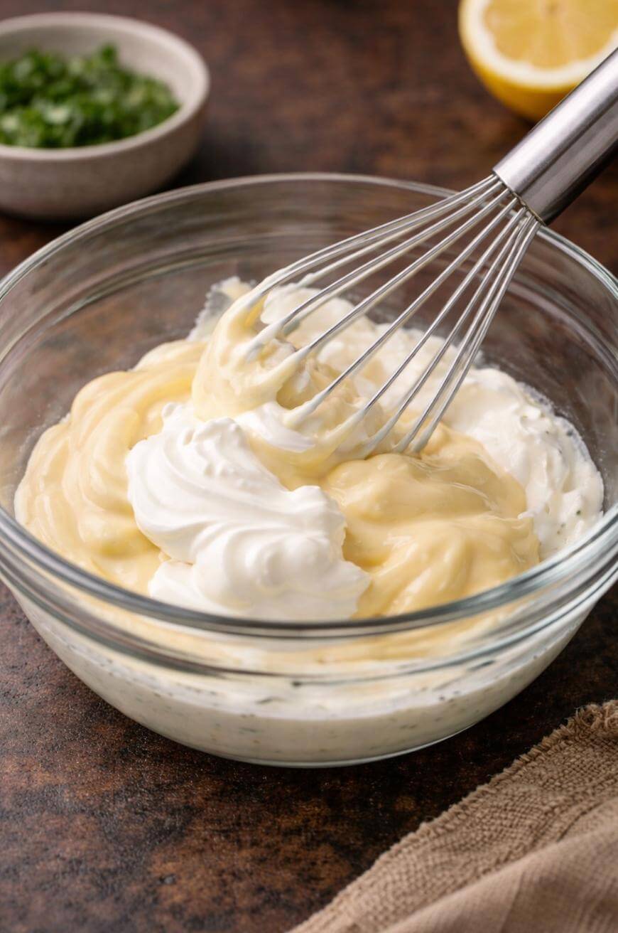 A whisk mixing creamy ingredients in a glass bowl, likely mayonnaise and sour cream, on a brown countertop. In the background, there is a small bowl of chopped herbs and a lemon half.