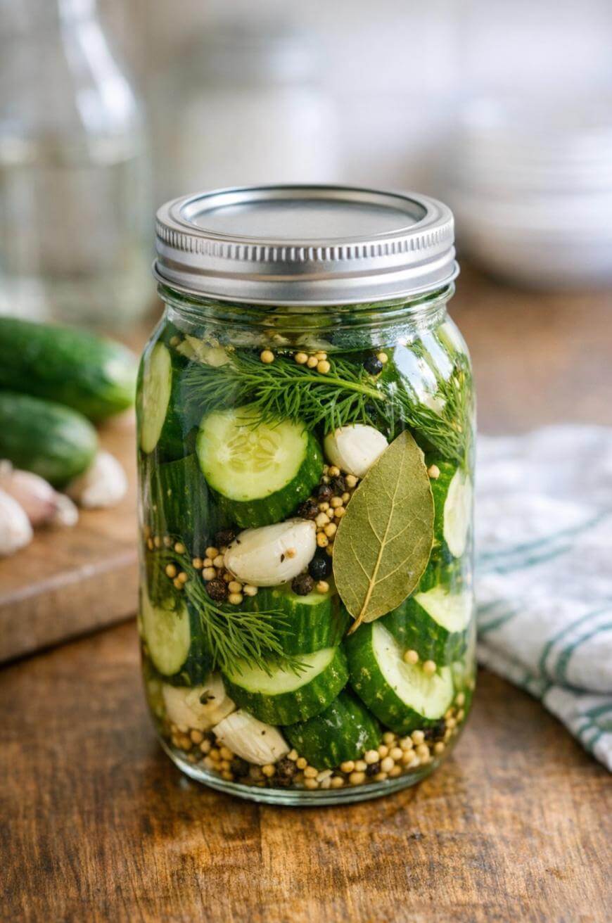 A glass jar filled with sliced cucumbers, garlic cloves, dill, spices, and a bay leaf, sitting on a wooden surface with a checkered cloth and cucumbers in the background.