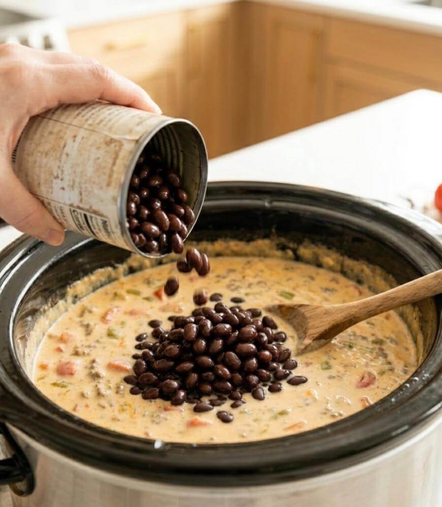 A hand pours canned black beans into a slow cooker filled with a creamy mixture, with a wooden spoon resting inside the pot. The kitchen background is softly blurred.