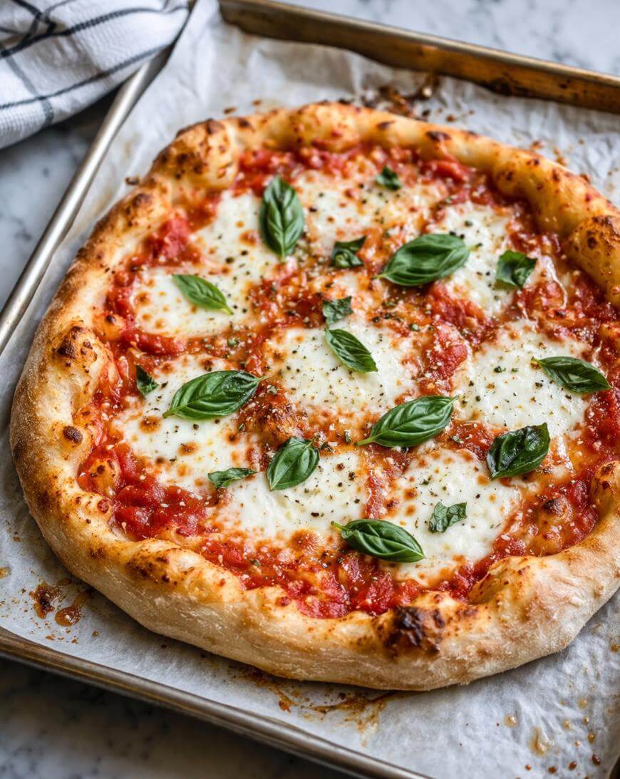 A freshly baked Margherita pizza on a baking tray, topped with melted mozzarella cheese, tomato sauce, fresh basil leaves, and a sprinkle of black pepper, set on a piece of parchment paper.