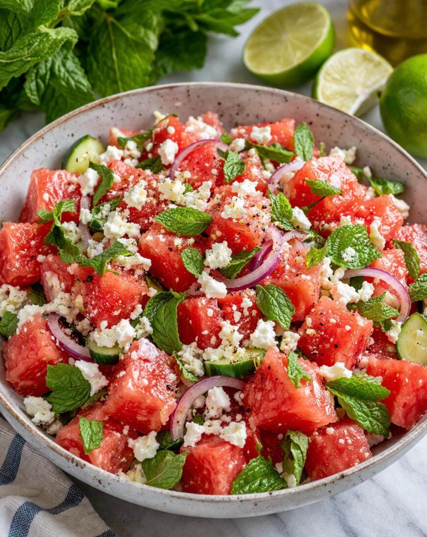 A bowl of watermelon salad with feta cheese, red onion slices, cucumber, and fresh mint leaves, garnished with black pepper. Lime halves and mint sprigs are in the background.