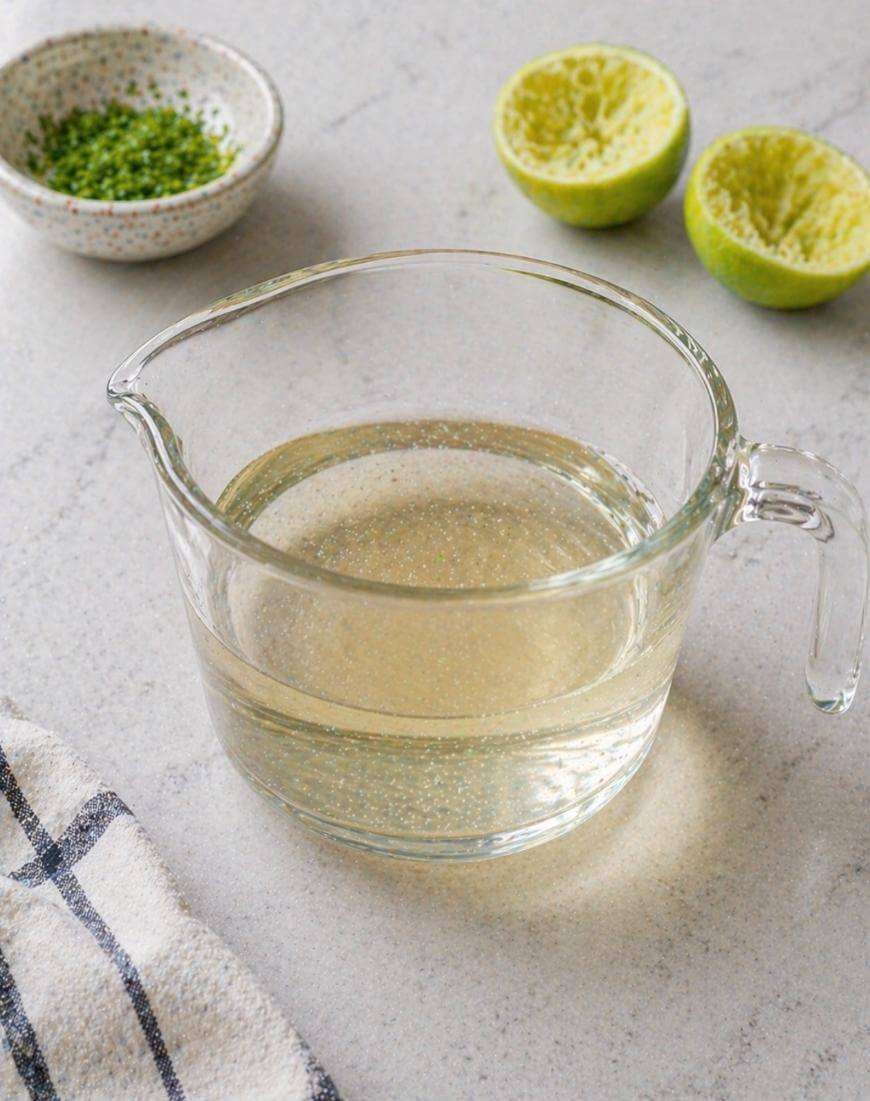A clear glass measuring cup filled with lime juice sits on a light countertop. Nearby are two squeezed lime halves, a small dish of green zest, and part of a striped kitchen towel.