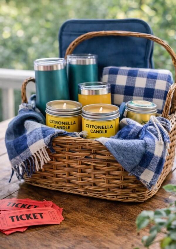 A wicker picnic basket with blue and white checked cloth holds citronella candles, two teal travel mugs, a blanket, and several red raffle tickets, sitting on a wooden table outdoors.