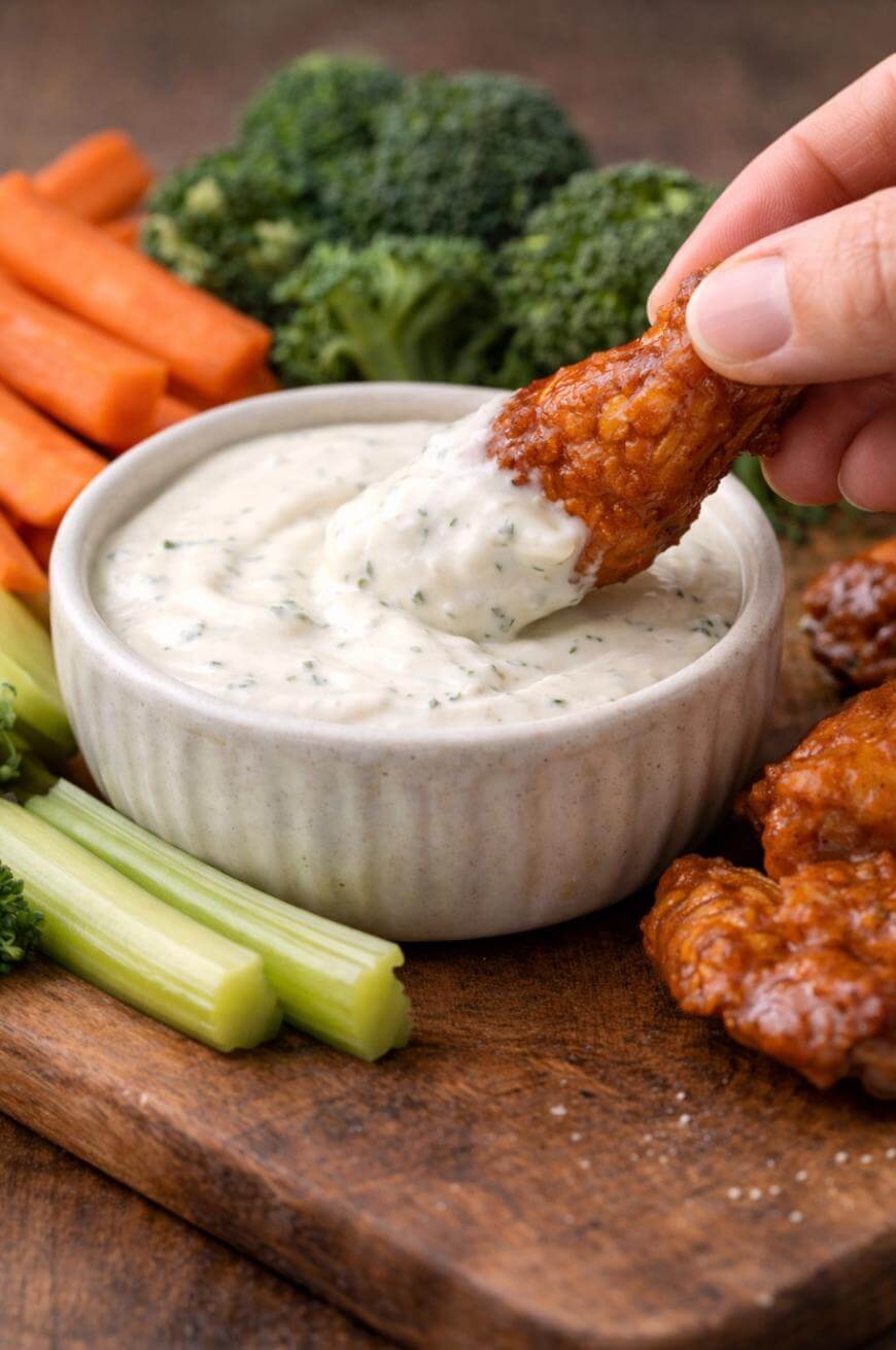 A hand dips a buffalo chicken wing into a bowl of ranch dressing, surrounded by celery sticks, carrot sticks, and broccoli florets on a wooden board.