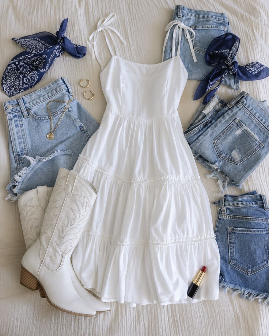 A white sleeveless dress, white cowboy boots, two pairs of denim shorts, blue bandanas, gold jewelry, a chain belt, and a tube of red lipstick are arranged on a cream-colored fabric background.