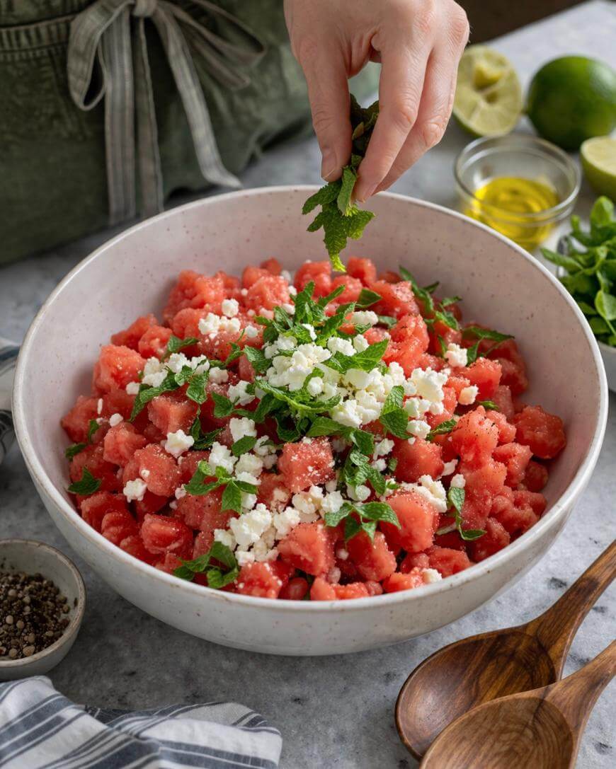 A hand sprinkles fresh mint over a bowl of watermelon salad topped with crumbled feta cheese. Ingredients like black pepper, olive oil, limes, and fresh herbs are visible on the table.