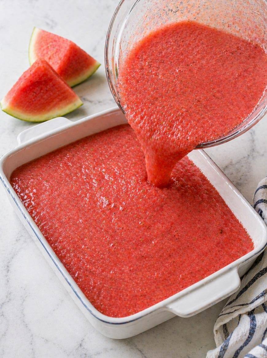 A bowl of blended watermelon mixture is being poured into a square white baking dish on a marble surface, with two watermelon slices and a striped cloth nearby.