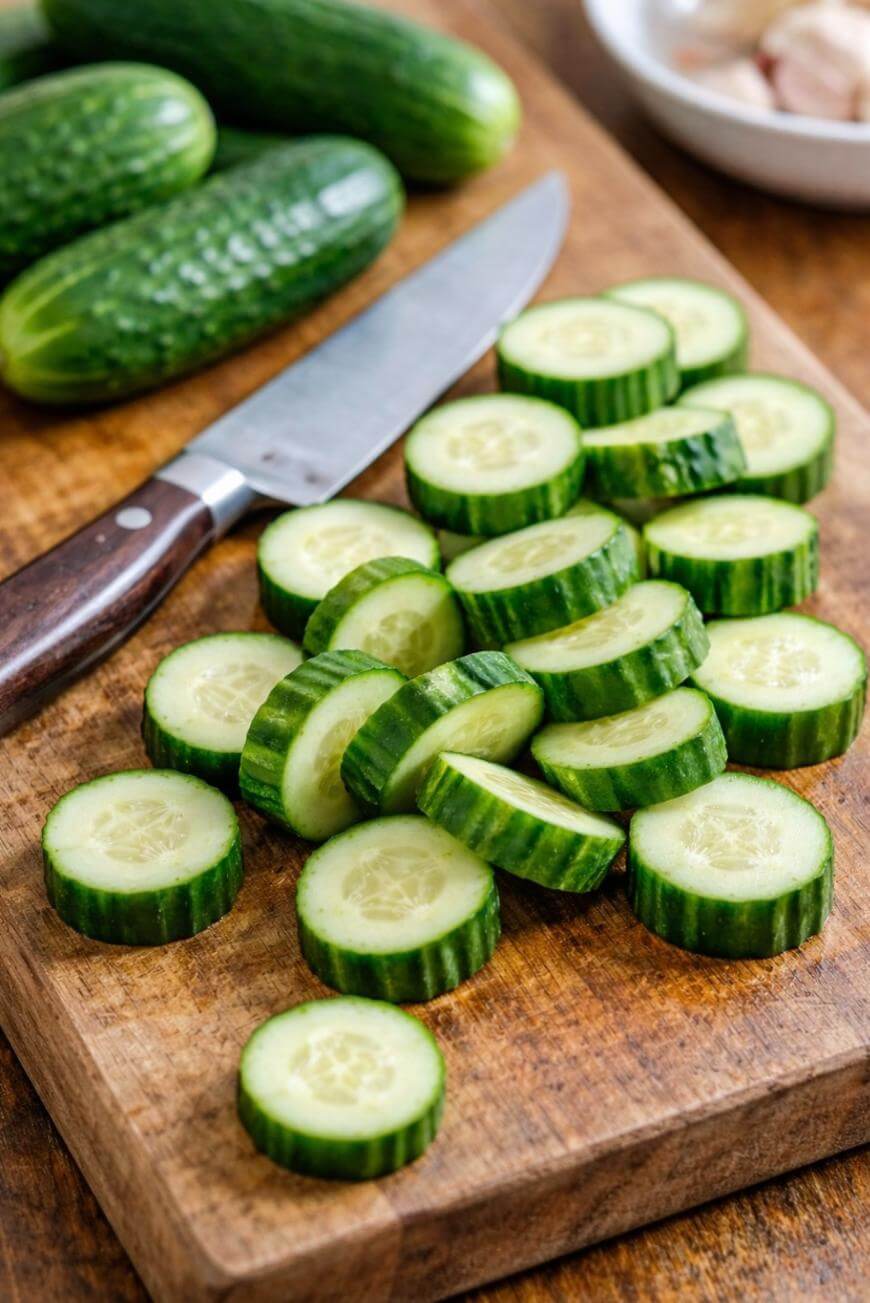Slices of cucumber are arranged on a wooden cutting board with a kitchen knife beside them. Whole cucumbers and a white plate are visible in the background.