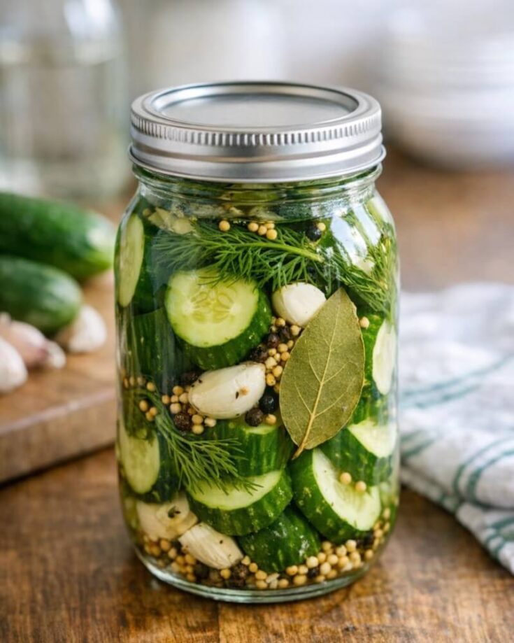 A glass jar filled with sliced cucumbers, garlic cloves, dill, mustard seeds, peppercorns, and a bay leaf, all preserved in brine, sitting on a wooden surface.