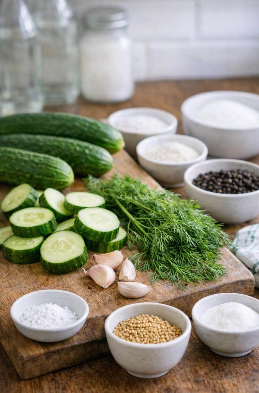 A wooden cutting board with sliced cucumbers, fresh dill, garlic cloves, and small bowls of salt, mustard seeds, peppercorns, and other spices; whole cucumbers and jars are in the background.