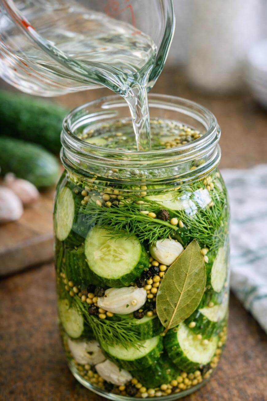 A glass jar filled with sliced cucumbers, garlic, dill, and spices is being topped with liquid from a measuring cup, preparing homemade pickles. Cucumber, garlic, and a bay leaf are visible inside the jar.