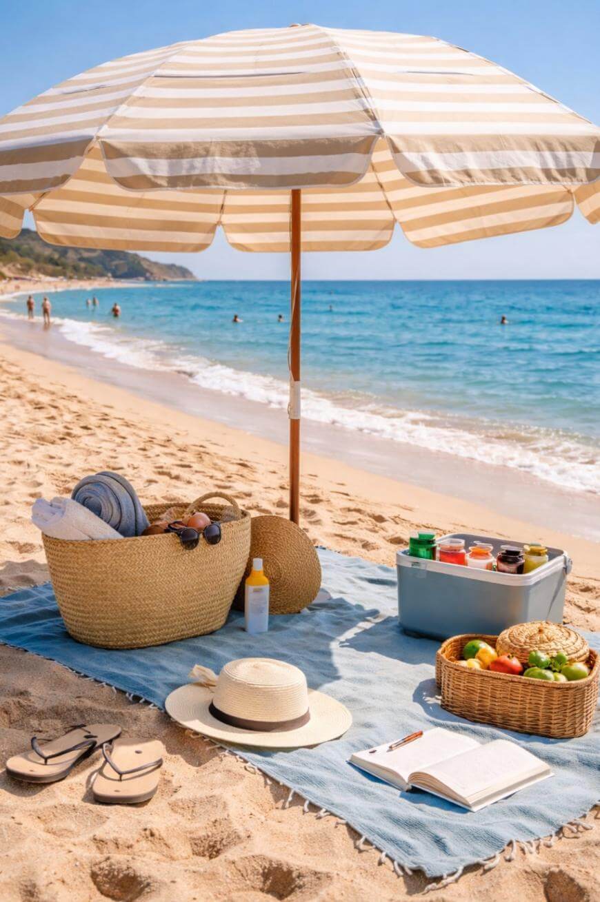A beach picnic setup with a striped umbrella, picnic basket, hat, flip-flops, cooler, food, drinks, and an open book on a blanket. The ocean waves and swimming people are visible in the background.