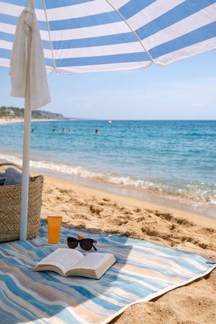 A striped beach umbrella shades a towel with an open book, sunglasses, and an orange cup on the sand. A woven bag sits nearby. The sea and swimmers are visible in the background under a clear sky.