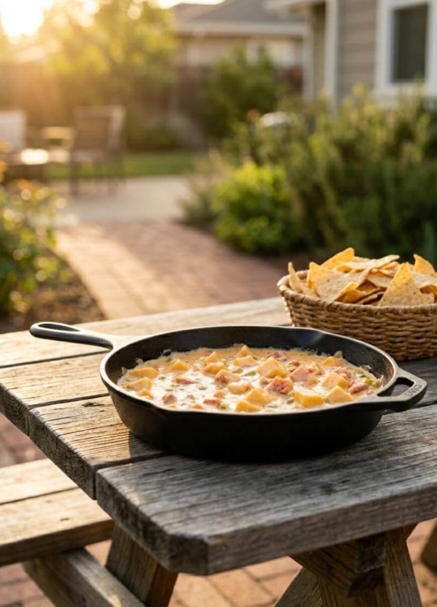 A cast iron skillet filled with cheesy dip sits on a wooden picnic table outdoors, next to a basket of tortilla chips. A sunlit garden and house are visible in the background.
