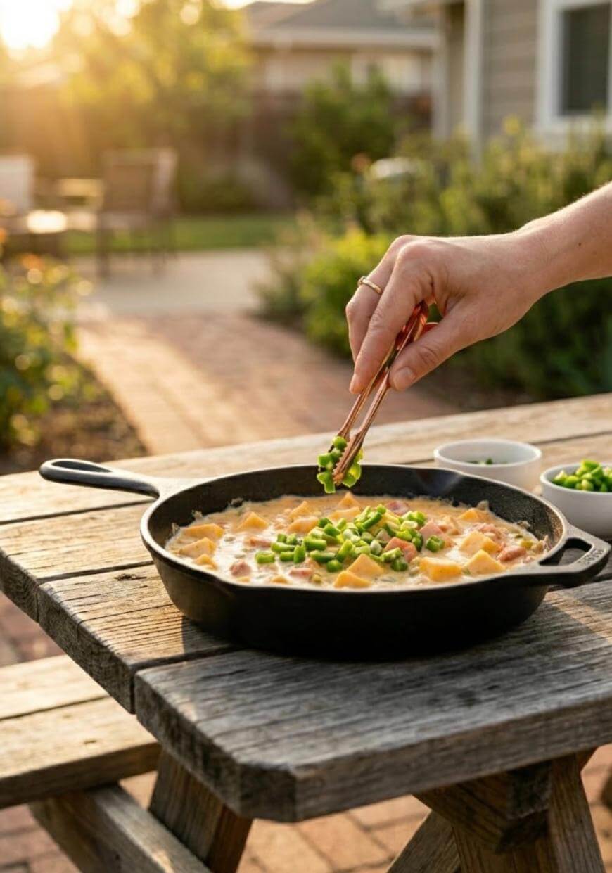 A hand uses chopsticks to sprinkle green peppers into a cast iron skillet filled with food, sitting on a wooden picnic table outdoors in a sunlit backyard.