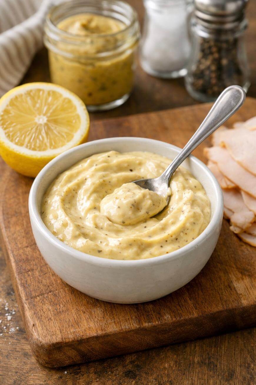 A small white bowl filled with creamy mustard sauce sits on a wooden board, with a spoon in the sauce. Nearby are a halved lemon, sliced deli meat, a jar of mustard, and salt and pepper shakers.