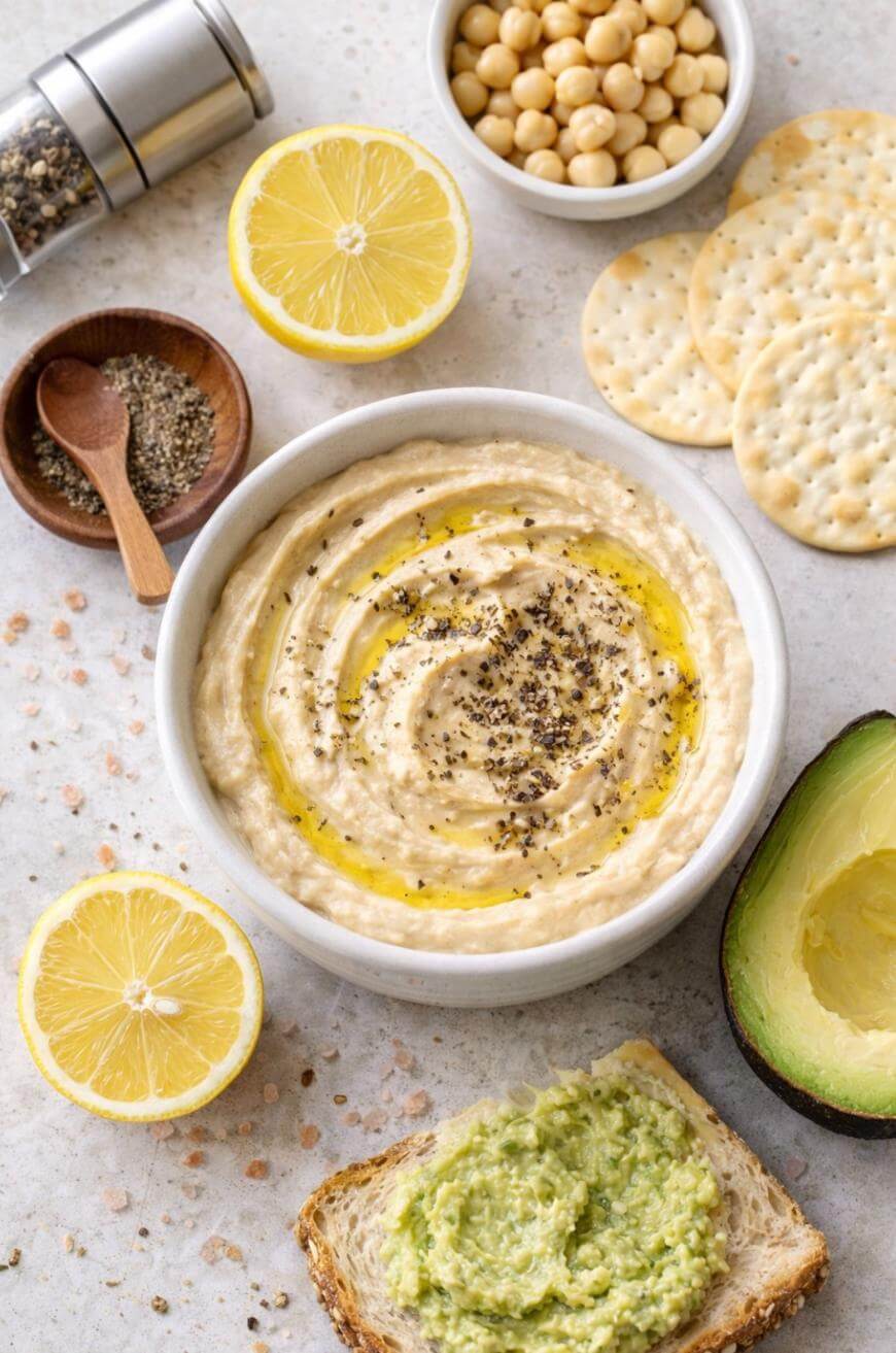 A bowl of hummus drizzled with olive oil and sprinkled with black pepper, surrounded by lemon halves, crackers, chickpeas, avocado, black pepper, and a slice of bread spread with avocado.
