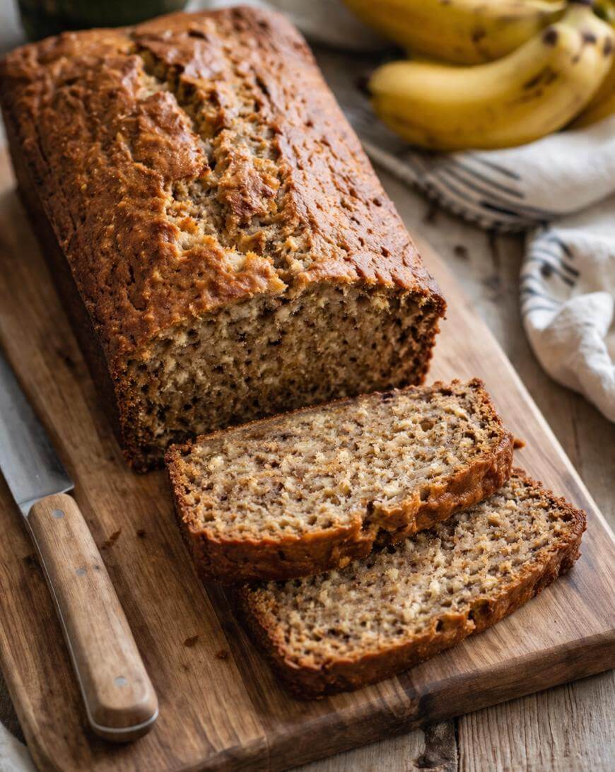 A loaf of banana bread is on a wooden cutting board, with two slices cut in front. A knife rests nearby, and ripe bananas and a towel are in the background. The bread looks moist with a golden-brown crust.