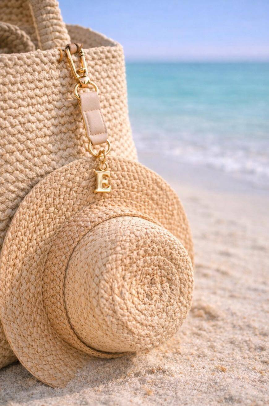 A woven beach bag with a gold letter E keychain and a straw hat resting on it, placed on sandy beach with the ocean and blue sky in the background.