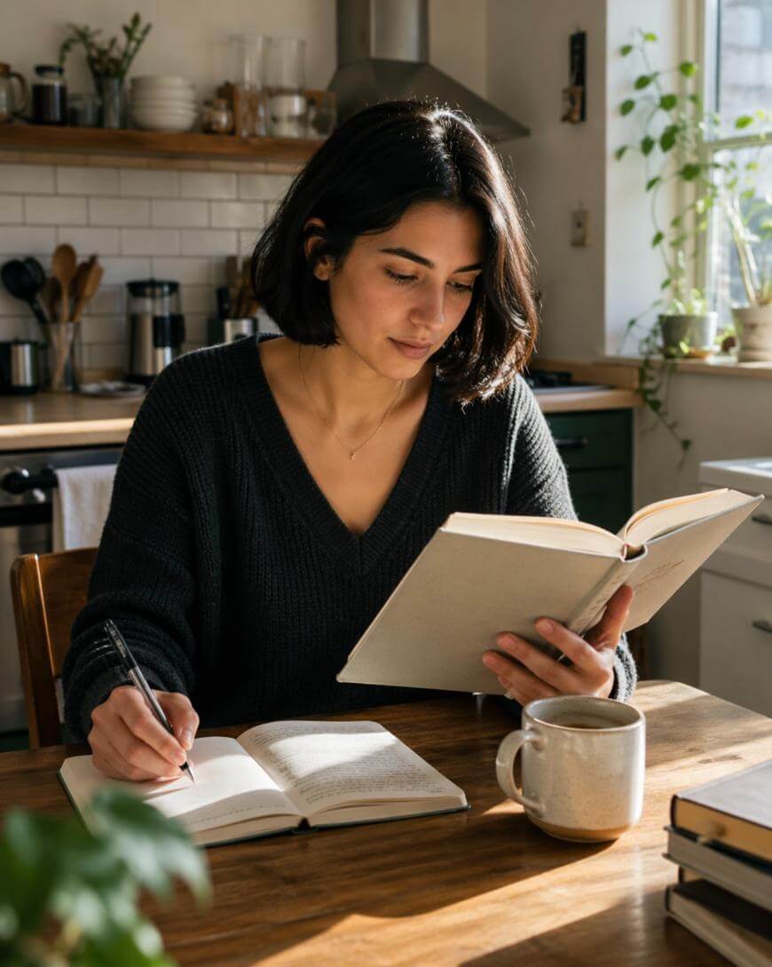 A woman sits at a kitchen table reading a book and taking notes in a notebook, with a mug and sunlight streaming through a window beside her.
