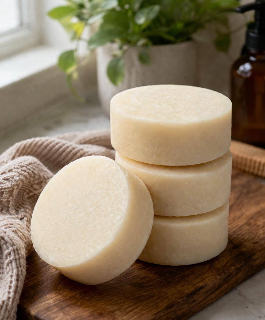 Four round, beige soap bars are stacked on a wooden tray next to a towel, with one soap bar leaning on the stack. A potted plant and brown bottle are in the background near a window.