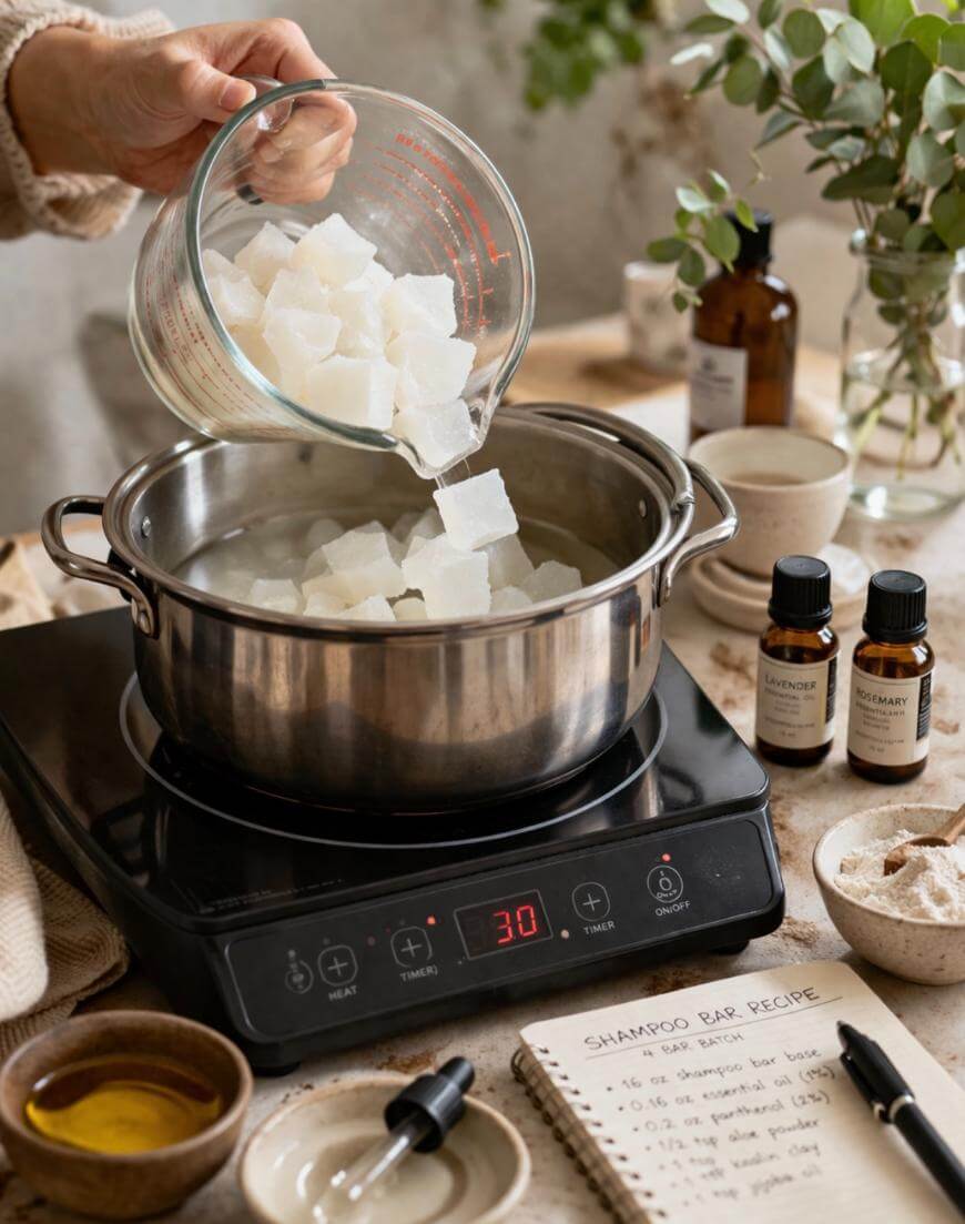 A person pours chunks of white soap base from a glass measuring cup into a stainless steel pot on an electric stove, surrounded by essential oil bottles, bowls, and a handwritten shampoo bar recipe.