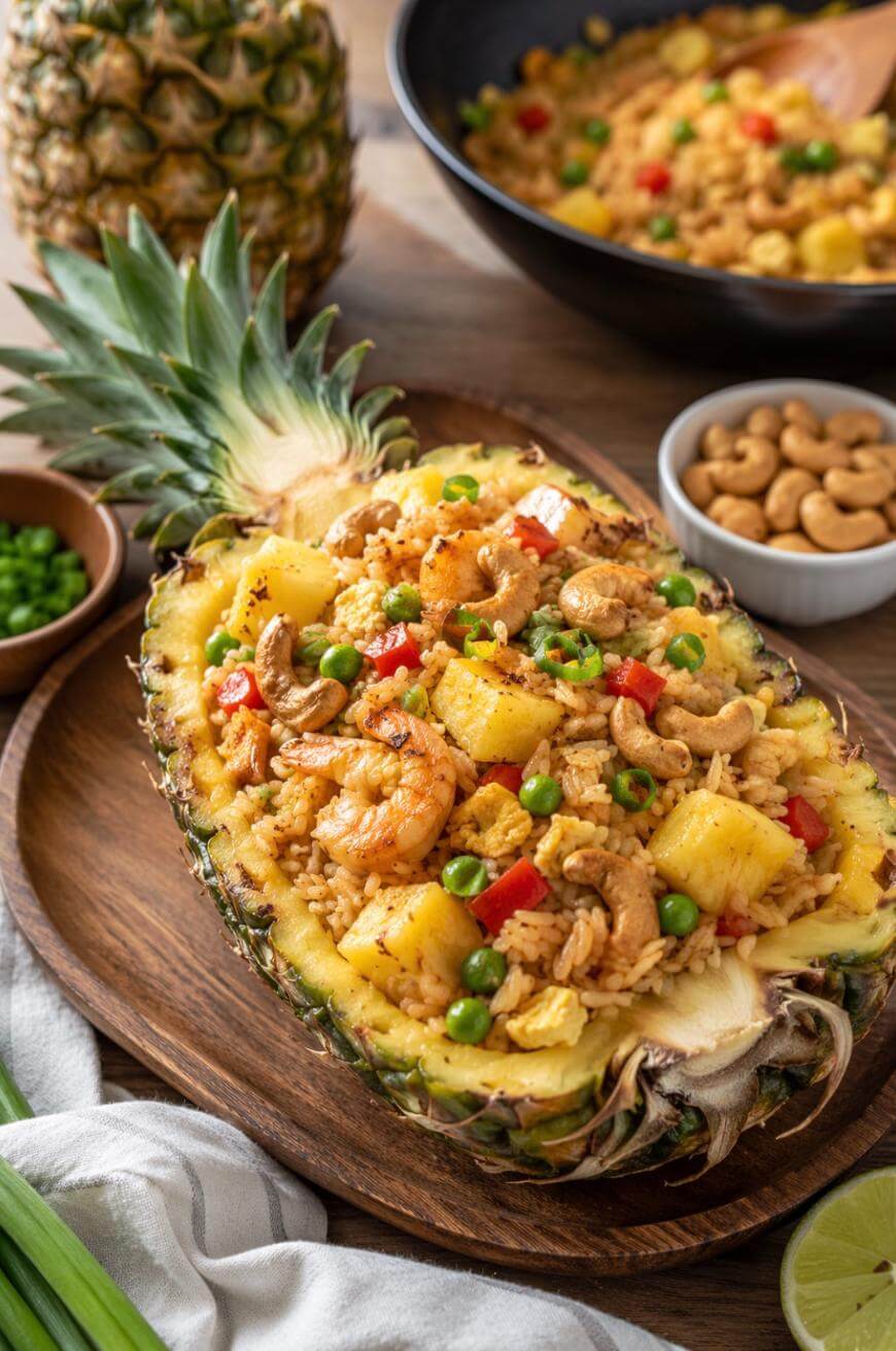Pineapple half used as a bowl, filled with shrimp fried rice, pineapple chunks, peas, red peppers, and cashews, displayed on a wooden plate with a whole pineapple and bowls of cashews and rice in the background.