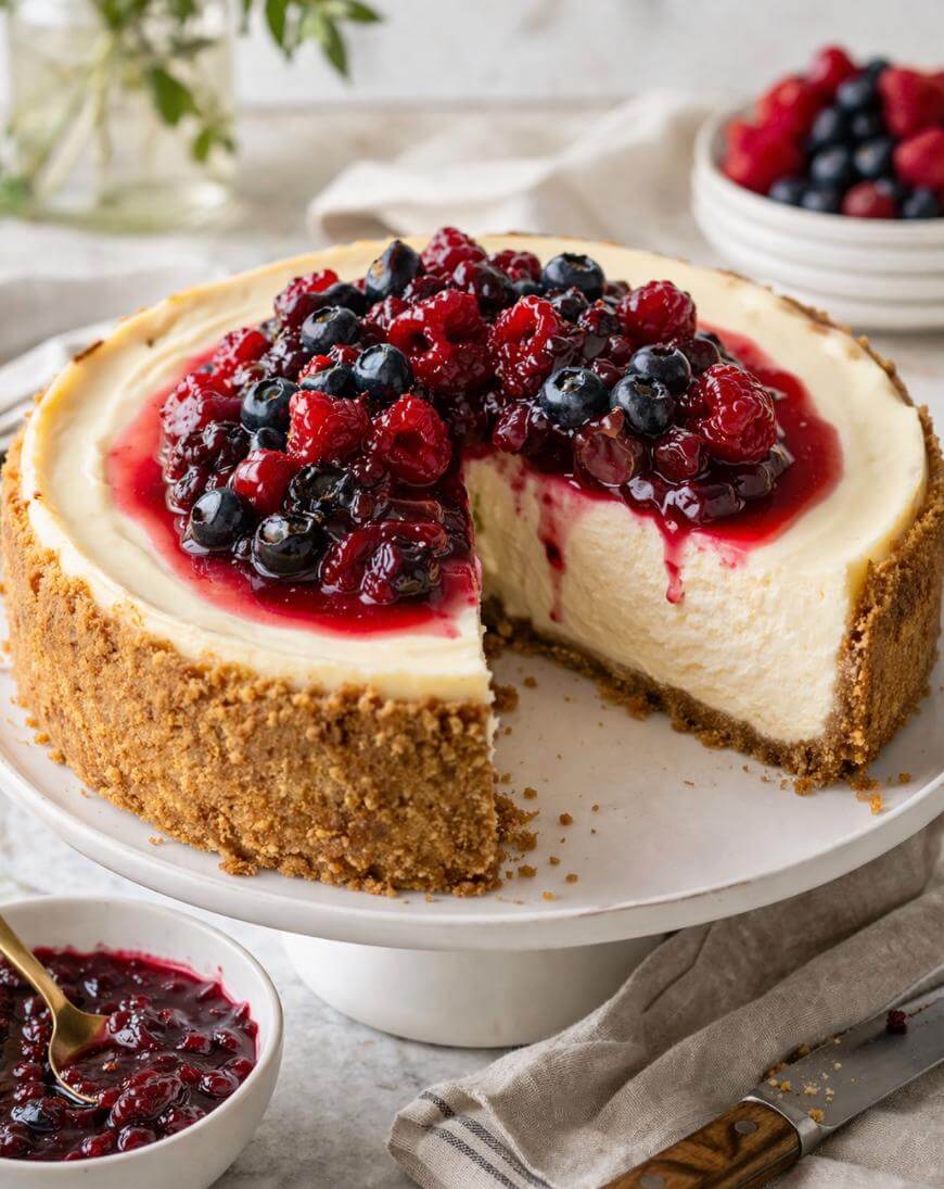 A creamy cheesecake with a crumbly crust is topped with a glossy mixed berry sauce, including raspberries, blueberries, and blackberries. A slice is removed, revealing the smooth interior. Nearby are extra berries and sauce in bowls.
